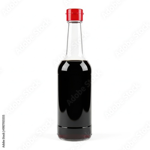 A bottle of dark liquid with a red cap standing against a white background