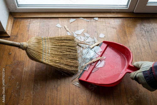 Person cleaning up shards of broken glass from a wooden floor using a broom and a red dustpan