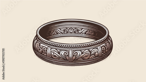 Antique Silver Bangle Bracelet with Intricate Engraved Floral and Scroll Patterns, Vintage Engraving Style Vector Illustration on Cream Background