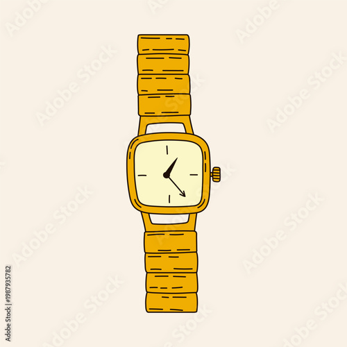 Playful doodle illustration of metal wrist watch. Outline classic clock in contemporary art naive design. Simple vector drawing