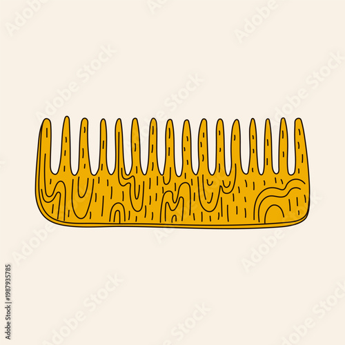 Hand-drawn quirky illustration of natural wooden hair comb. Simple hairbrush doodle drawing. Funky trinket vector design