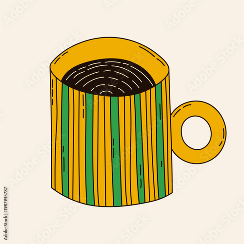 Hand-drawn quirky illustration of ceramic striped mug. Cup of tea or coffee naive art drawing. Funky trinket vector design