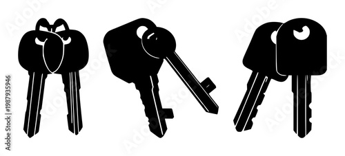 House keys set with solid black icon on white background featuring house keys, lock, hardware with black and white and vector