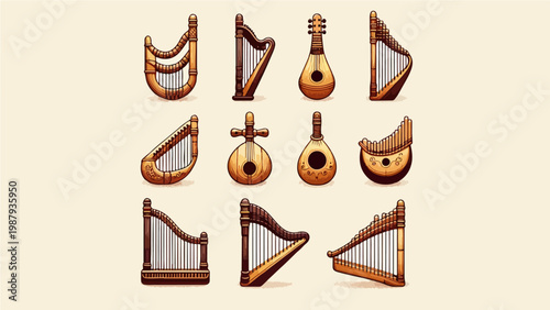 Collection of Eleven Antique Wooden String Musical Instruments Including Harp, Lyre, Lute, and Mandolin Icons, Warm Brown Tone Cartoon Vector Illustration Set