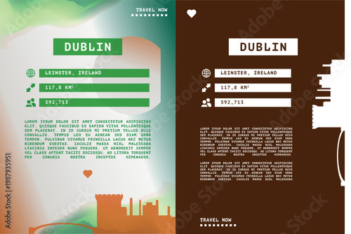 Dublin, Ireland vector infographics, brochure layout set. Guide, leaflet, flyer, graphic templates with text, information, data, city skyline shape. Mock up, copy space images series