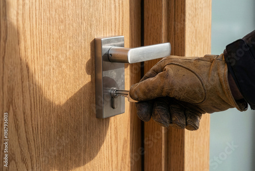 Gloved hand inserting a metal key into a lock on a modern wooden door