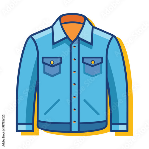 Cartoon style blue denim shirt with two chest pockets and yellow accents isolated on white background  long sleeve button down casual wear