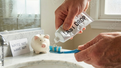 A man squeezing the last drop of toothpaste onto a toothbrush in a bathroom representing frugality and saving