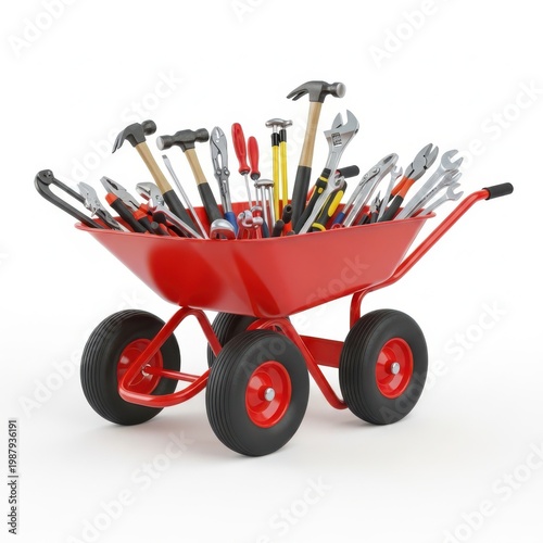 A red wheelbarrow filled with an assortment of various tools and hammers
