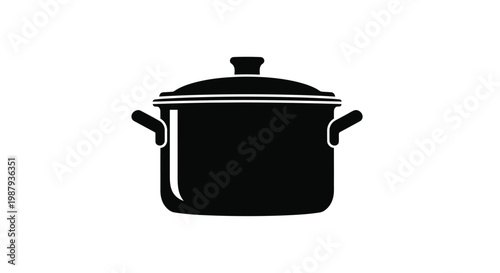 A minimalist black silhouette depicts a stockpot with a lid and handles isolated on white