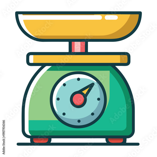 Cartoon style illustration of a green kitchen scale with a yellow bowl on top and a dial in the front  weighing machine with a red needle and black dots around the dial