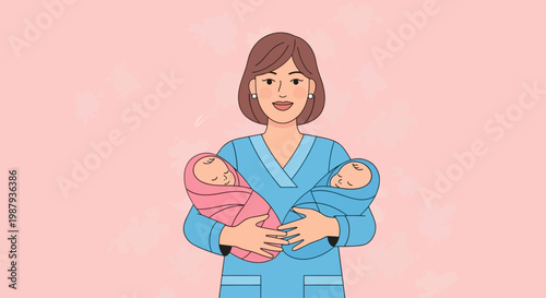 Smiling female midwife holding two newborn twin babies on pink floral pattern background for International Midwives Day.