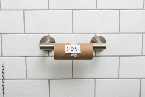 Empty toilet paper roll with an SOS note hanging on a chrome holder in a modern tiled bathroom