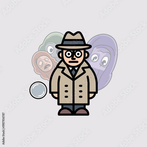 Detective Man Wearing Trench Coat and Hat with Multiple Faces