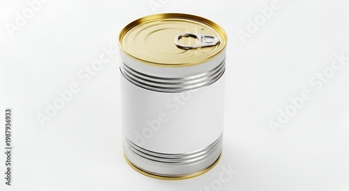 Blank white tin can with gold lid on white background