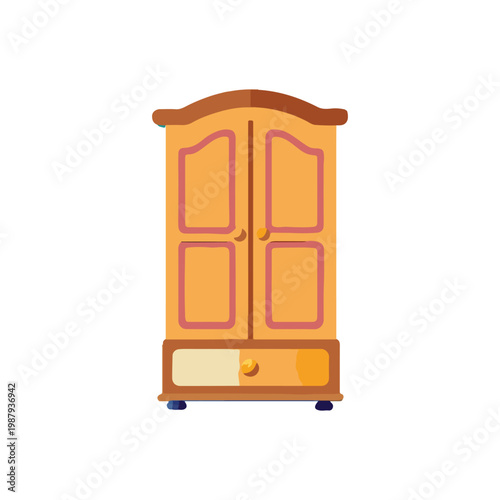 Cartoon style wooden wardrobe with two doors and one drawer  simple illustration