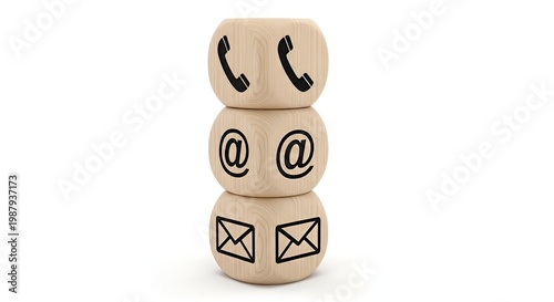 Stacked wooden blocks with phone, email, and at symbols