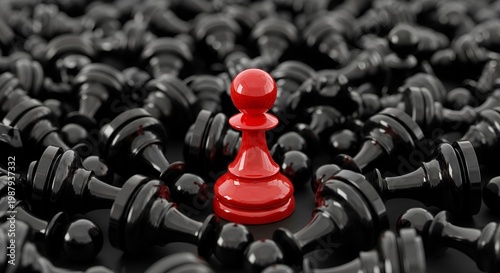 Red pawn standing out in a crowd of black chess pieces
