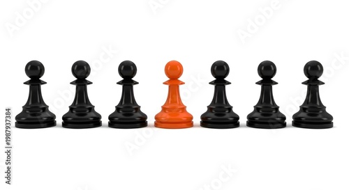 single orange chess pawn standing out from black pawns