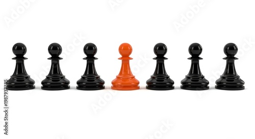 Business strategy concept with single orange pawn among black pawns