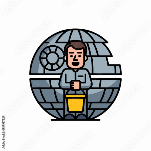 Man Holding Bucket Standing in Front of Death Star