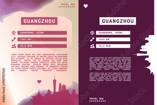 Guangzhou, China vector infographics, brochure layout set. Guide, leaflet, flyer, graphic templates with text, information, data, city skyline shape. Mock up, copy space images series