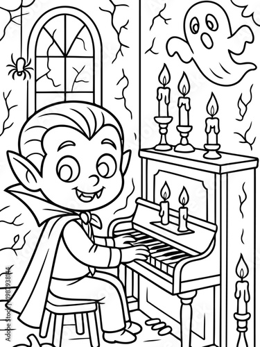 Spooky Piano Performance: A charming vampire child, set against a backdrop of haunted house decor, is engrossed in playing the piano in a scene of Halloween enchantment