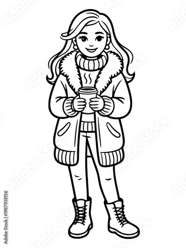 Cozy Winter Warmth: A smiling woman, enveloped in a stylish winter coat, cradles a warm drink, ready to embrace the chilly day.