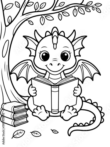 Enchanted Dragon's Literary Journey: A charming dragon finds solace in a book under the shade of a tree, showcasing the delightful world of reading and fantasy.