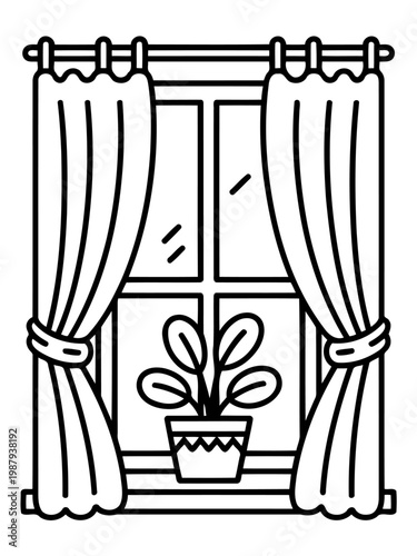 Window Scene Illustration: An inviting window scene featuring a pot with a plant, flanked by elegant drapes and framed by a window frame, this illustration is ideal for home decor themes.