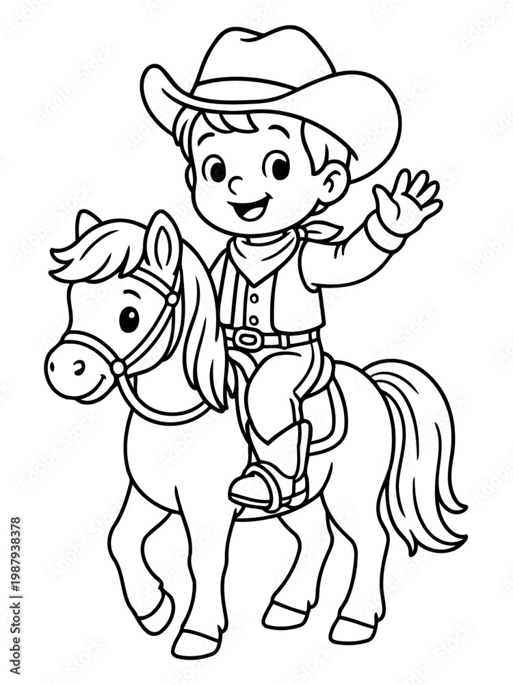 Fototapeta premium Little cowboy riding horse : A cheerful little cowboy riding a horse waving hello, he's full of frontier spirit and adventure