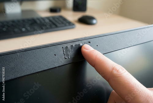 Close up of a person covering a laptop webcam with black tape for privacy and security