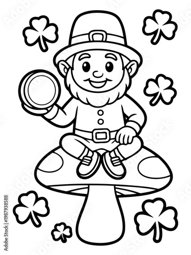 Leprechaun's Delight: A jovial leprechaun, adorned in his iconic attire, sits atop a whimsical mushroom, holding a glistening coin amid a scattering of lucky clover.