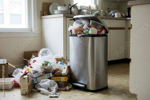Overflowing stainless steel trash can surrounded by scattered garbage on a kitchen floor