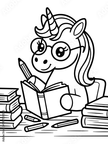 Academic Unicorn: A charming illustration of a unicorn, complete with spectacles, absorbed in a book and pencil. Its horn and a stack of tomes complete the scene
