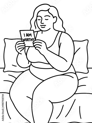 Self-Love Affirmation: A person, seated on a bed, reads an affirmation card, exuding self-acceptance and inner strength. An illustration promoting body positivity and empowering the individual.