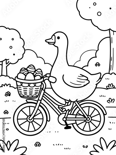 Duck on Bicycle: A charming depiction of a duck leisurely pedaling a bicycle, its basket filled with decorated Easter eggs, set against a backdrop of a lush garden.