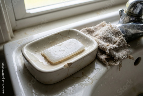 Wet bar of soap sitting in a cracked ceramic dish on a dirty sink next to a frayed washcloth