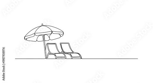 Minimalist Line Art: Two Beach Chairs Under a Sun Umbrella on a Horizon