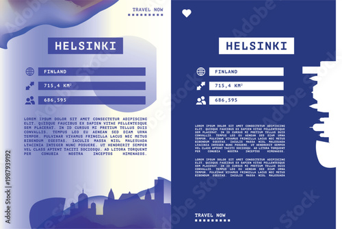 Helsinki, Finland vector infographics, brochure layout set. Guide, leaflet, flyer, graphic templates with text, information, data, city skyline shape. Mock up, copy space images series