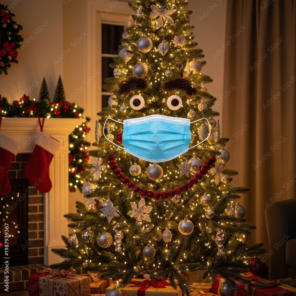 Fototapeta premium Christmas Tree Wearing Mask During Pandemic Holiday Season.