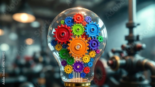 Close-up view of gears in a light bulb innovative concept in an industrial setting