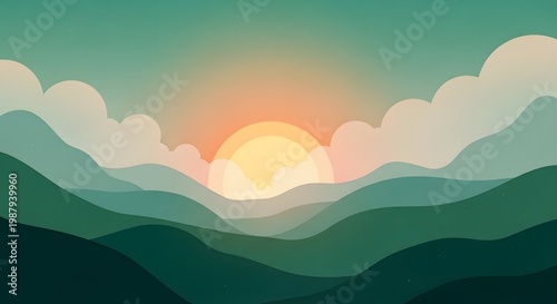 Minimalist mountain landscape at sunset. Nature background for meditation and calm. Sun glowing over rolling green hills and clouds