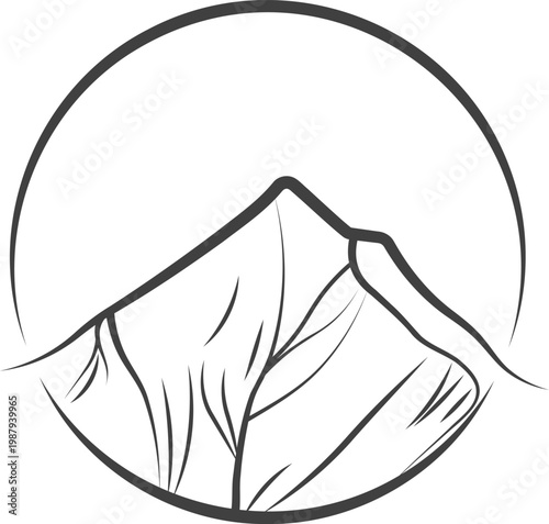 Annapurna monoline mountain emblem vector, elegant circular line art alpine peak illustration
