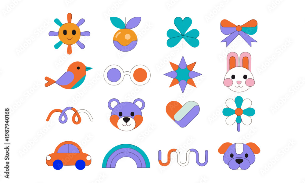 Fototapeta premium Simple colorful children icon pack flat vector illustration set