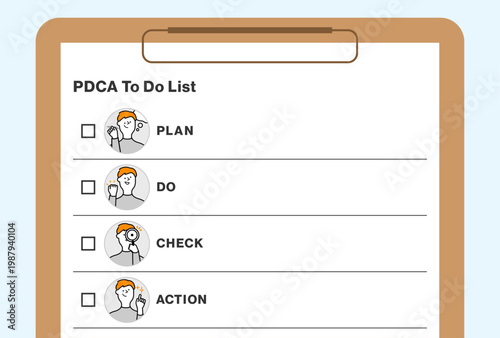 クリップボード型ToDoリストにチェックボックスと人物アバターで表したPDCA管理表イラスト