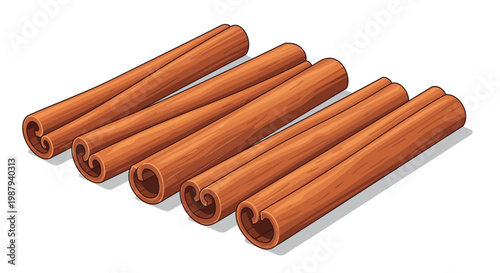 A collection of several cinnamon sticks arranged closely together on a white background