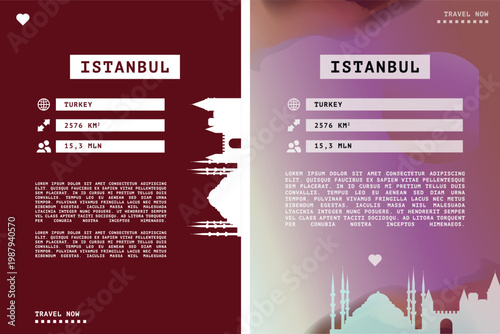 Istanbul, Turkey vector infographics, brochure layout set. Guide, leaflet, flyer, graphic templates with text, information, data, city skyline shape. Mock up, copy space images series