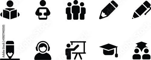 Collection of educational icons including people reading learning teaching and writing with pencils and graduation caps