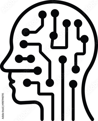 Abstract representation of a human head silhouette filled with complex electronic circuit board pathways and nodes symbolizing artificial intelligence and advanced technology concepts